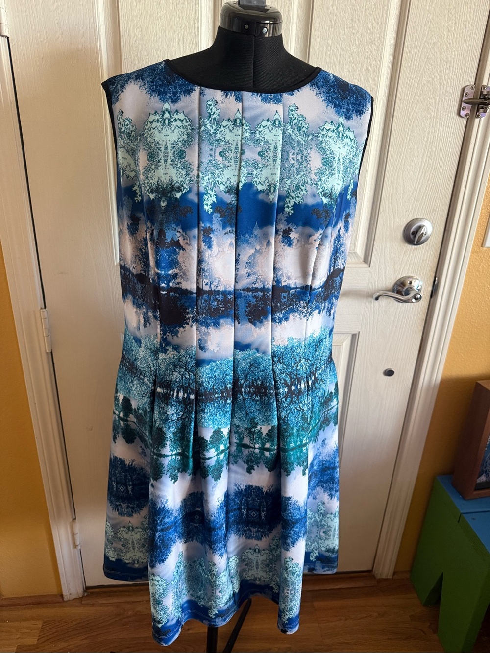 Gabby Skye Blue & Teal Printed Pleated A-Line Dress